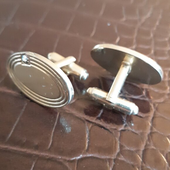 Vintage Silver Tone Oval Cuff Links with Rhinestones 1950s or 60s - Picture 3 of 6